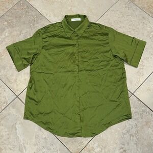 Commense Short Sleeve Button Up Shirt Women L Green Solid Satin Blouse Collared